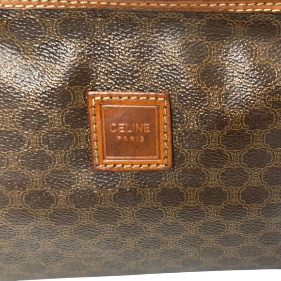 Celine Macadam Cosmetics Bag Top Zip Brown Leather Canvas Pouch Makeup Pockets - Picture 9 of 11